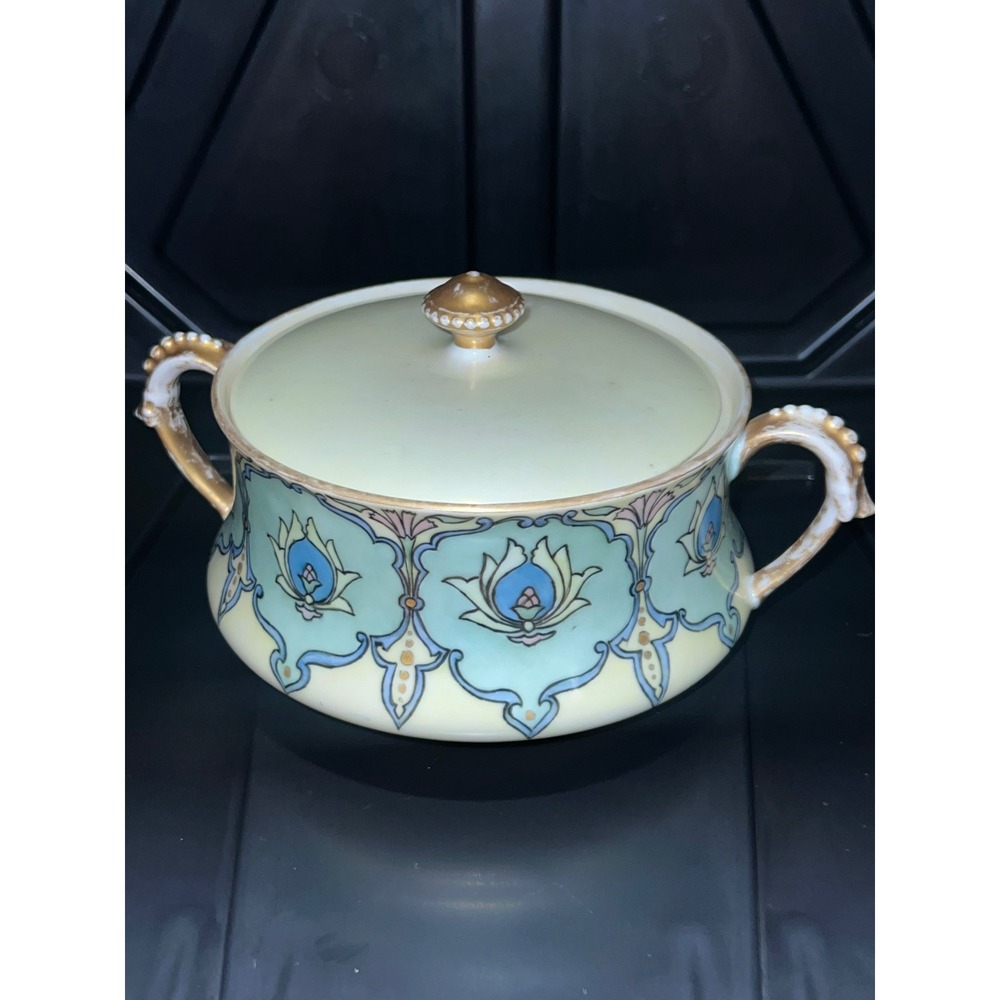 Antique T&V Limoges France Touraine Lidded Sugar Bowl Art Nouveau Gold Gilt